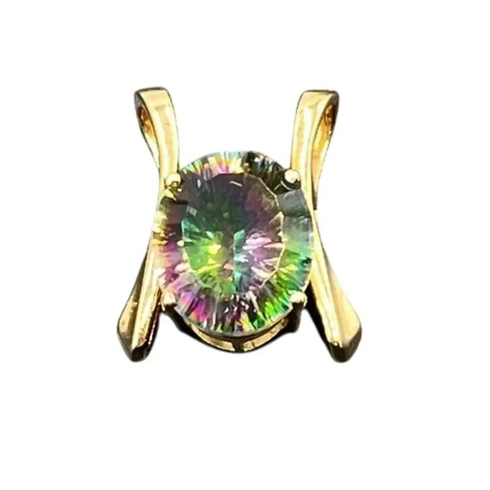 Yellow Gold 14k, 5 Ct Mystic Rainbow Topaz Glowing Gemstone Pendant Slider 3.7gr